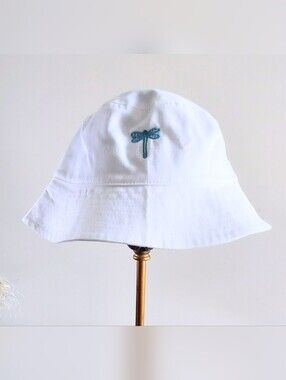 Hit Womens White Bucket Hat with Blue Embroidered Dragonfly